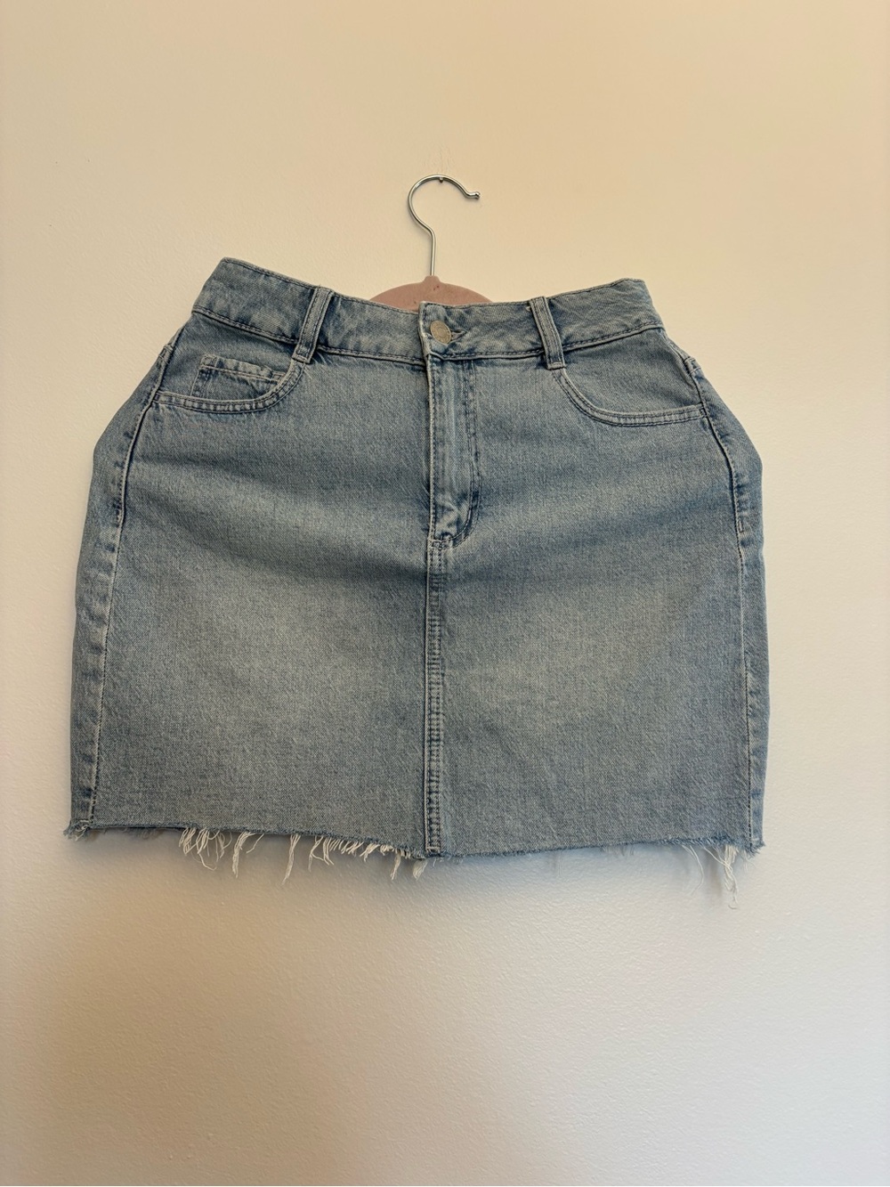 Garage Light Blue Denim Mini Skirt with Frayed Hem